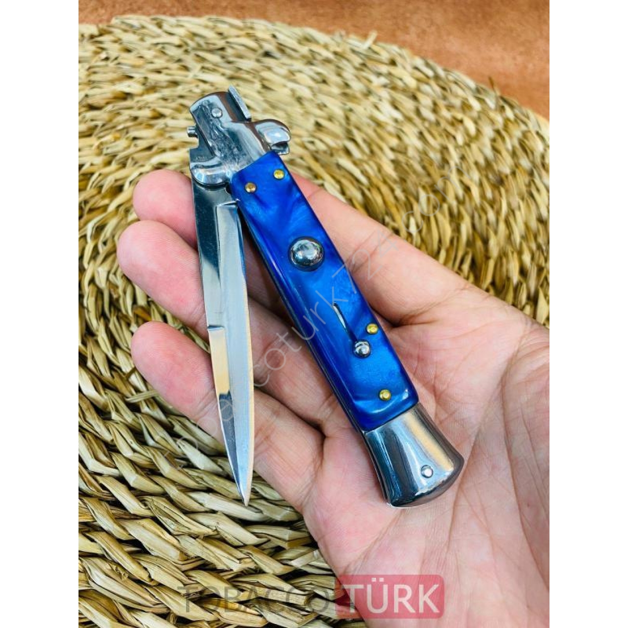 AkcMarka Stiletto İtalyan MaviSedef Kasa MetalRenk Bıçak