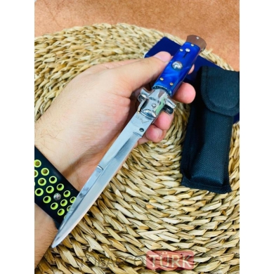 AkcMarka Stiletto İtalyan MaviSedef Kasa MetalRenk Bıçak